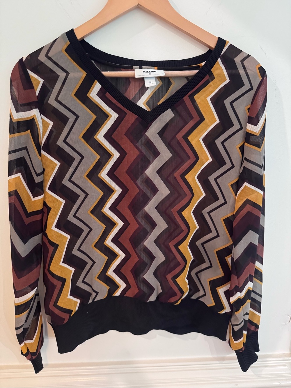 Missoni for target Zigzag V-Neck Sheer Knit Top in Mustard, Brown & Gray